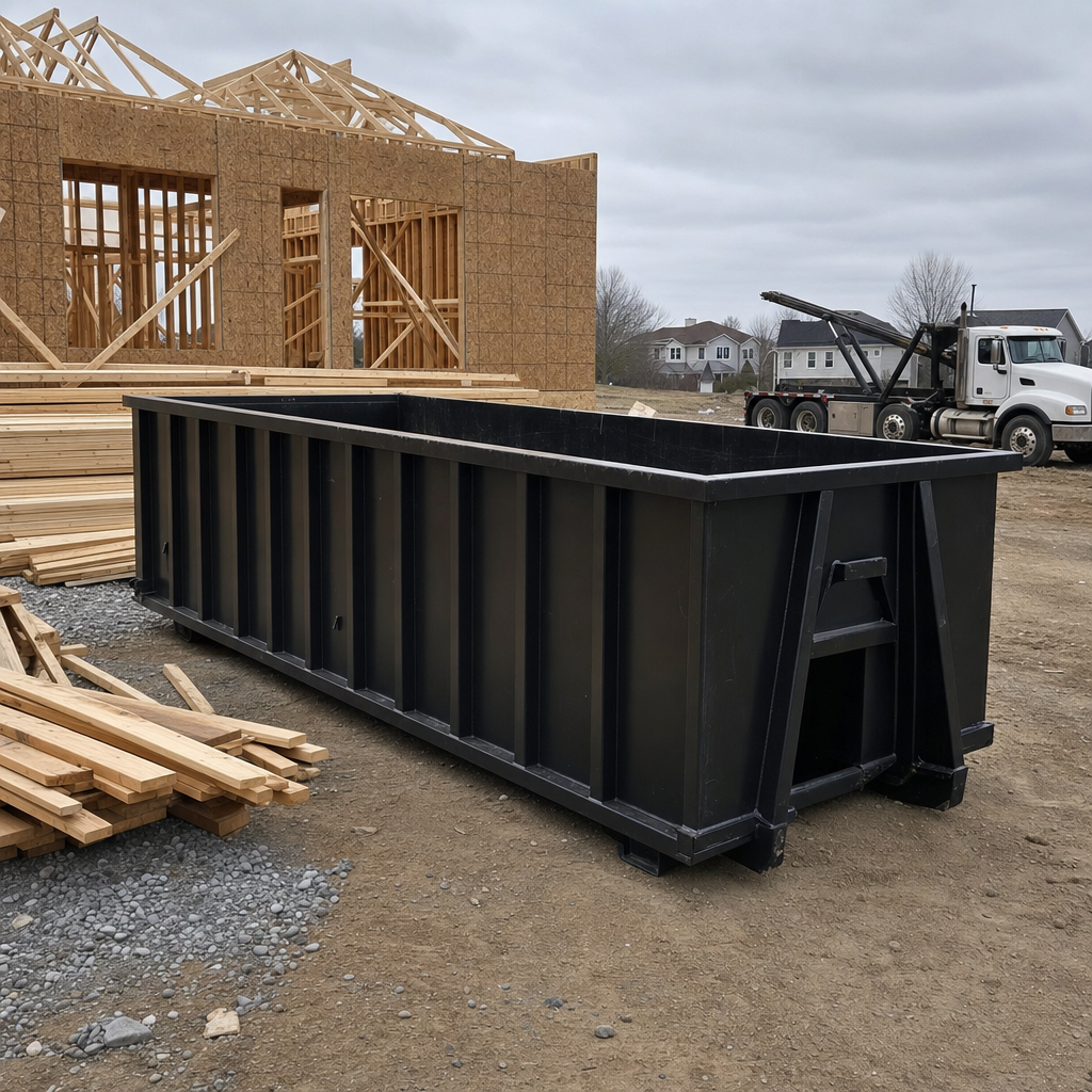 Matte-black 40-yard roll-off dumpster staged on a framed-out residential construction site in Boston, framing lumber stacked nearby, hooklift delivery truck visible in the background under bright Colorado daylight