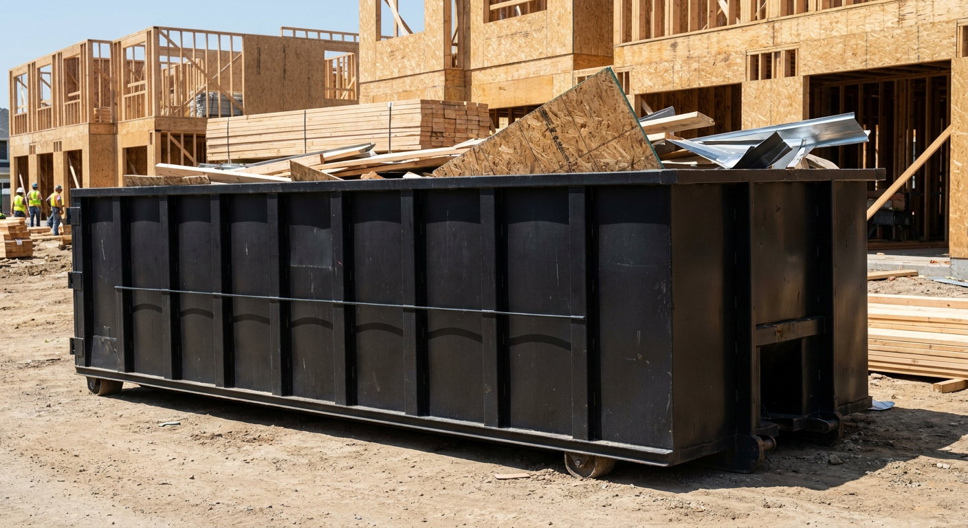 Matte-black 40-yard roll-off construction dumpster being lowered from a white-cab hooklift delivery truck onto the compacted-dirt jobsite at a commercial build site in Boston