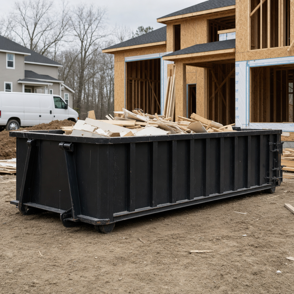 Worker in a yellow high-visibility vest tossing framing lumber and broken drywall into a matte-black 30-yard construction roll-off dumpster on an active build site in Boston, bright daylight