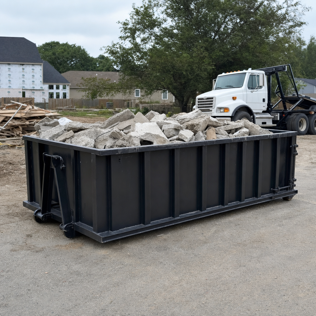Low-profile matte-black lowboy roll-off dumpster loaded with broken concrete slab and rebar at a foundation tear-out in Boston, skid steer parked beside it, sunny Colorado morning
