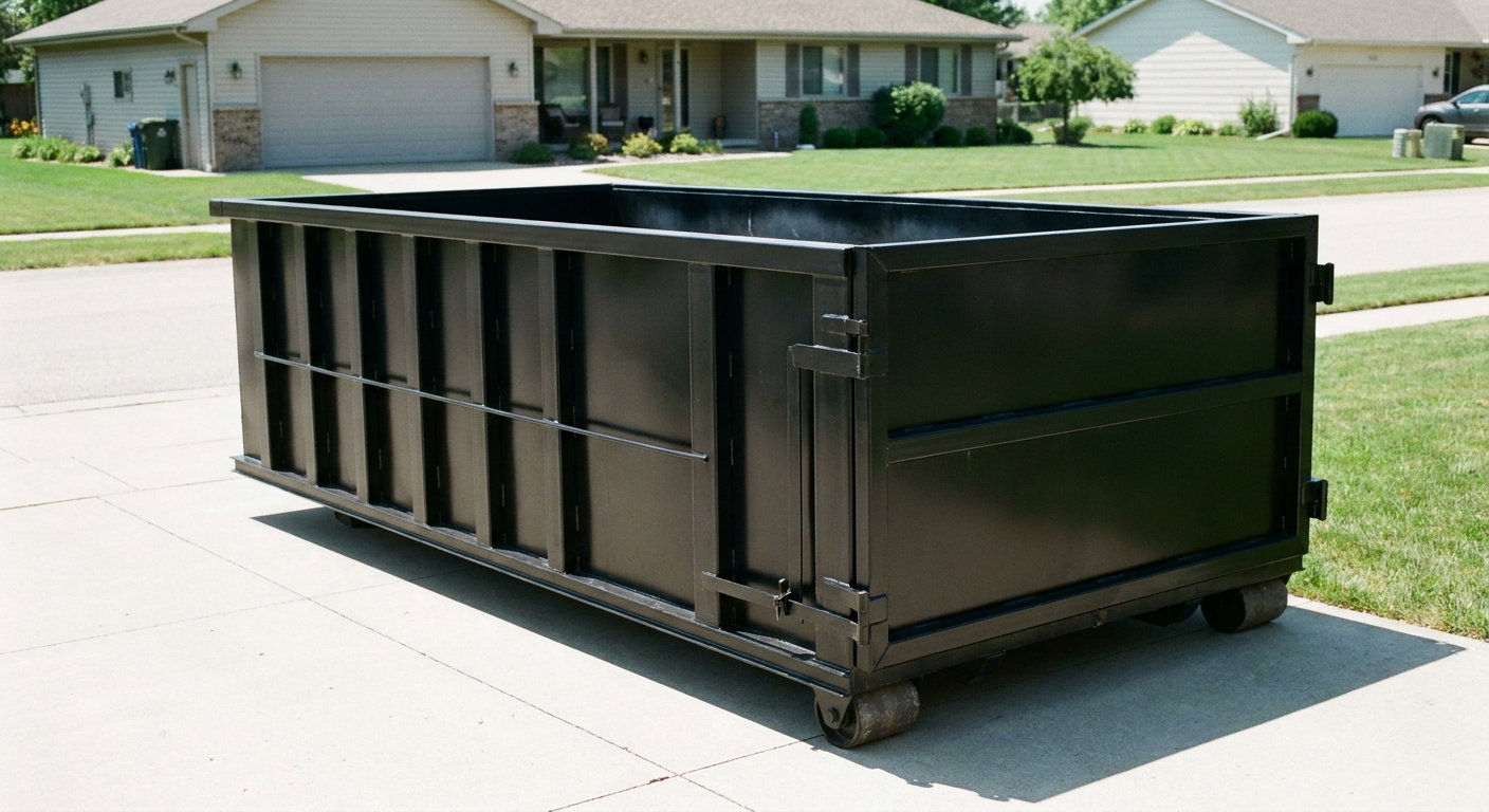 Matte-black 10-yard roll-off dumpster on a residential concrete driveway in Boston, uniformly painted matte black across every panel and rail, ribbed steel sidewalls and rear swing door visible, mid-day daylight.