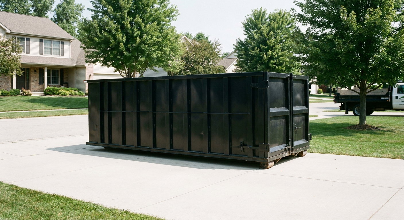 Matte-black 20-yard roll-off dumpster sitting level on a clean Boston residential concrete driveway under bright daylight, demonstrating clean placement directly on the concrete.