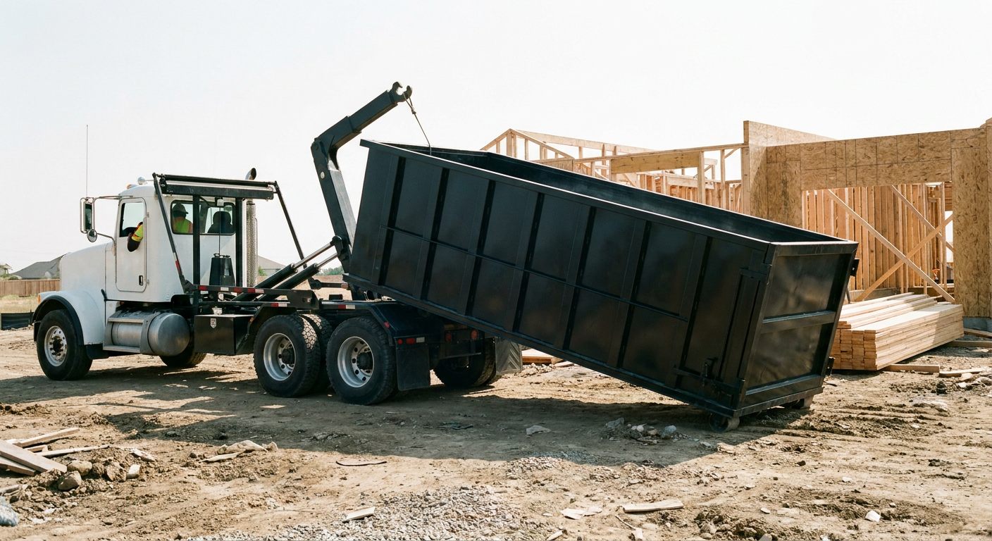 Matte-black roll-off dumpster being delivered onto a clean residential concrete driveway in Boston by an unmarked white hooklift hauler truck, bright morning daylight, documentary 35mm perspective.