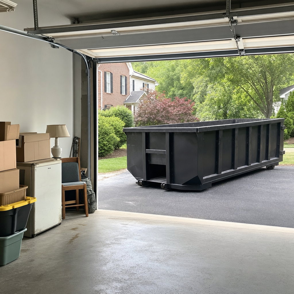 Open garage interior in a Boston home mid-cleanout — boxed items, an old appliance, and stacked yard tools queued near the driveway for a matte-black roll-off dumpster, organized and calm