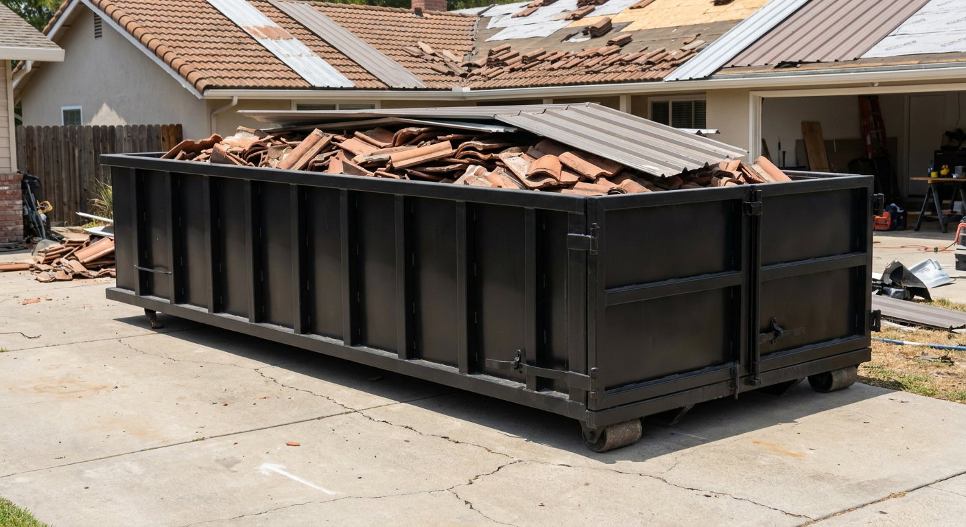 Matte-black low-wall heavy-debris roofing roll-off dumpster sitting directly on a Boston concrete driveway, broken concrete clay roof tiles and metal panel sections loaded inside, reinforced ribbed steel side walls visible, bright outdoor daylight.